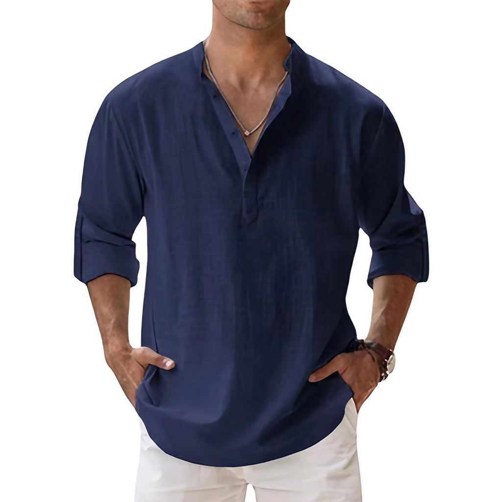 Chemise col tunisien homme, coupe ample, manches longues, bleu foncé