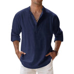 Chemise col tunisien homme, coupe ample, manches longues, bleu foncé