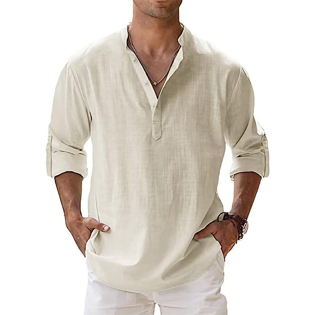 Chemise col tunisien homme, coupe ample, manches longues, blanc