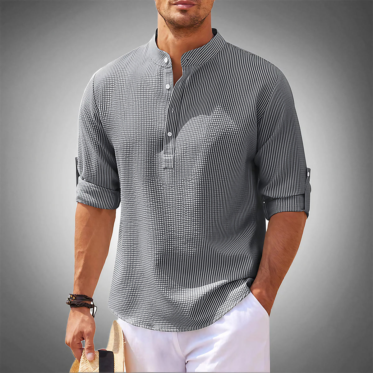 Chemise homme à col tunisien, manches longues, coupe ajustée, gris