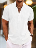Chemise homme manches courtes, col Henley, coupe droite, blanc