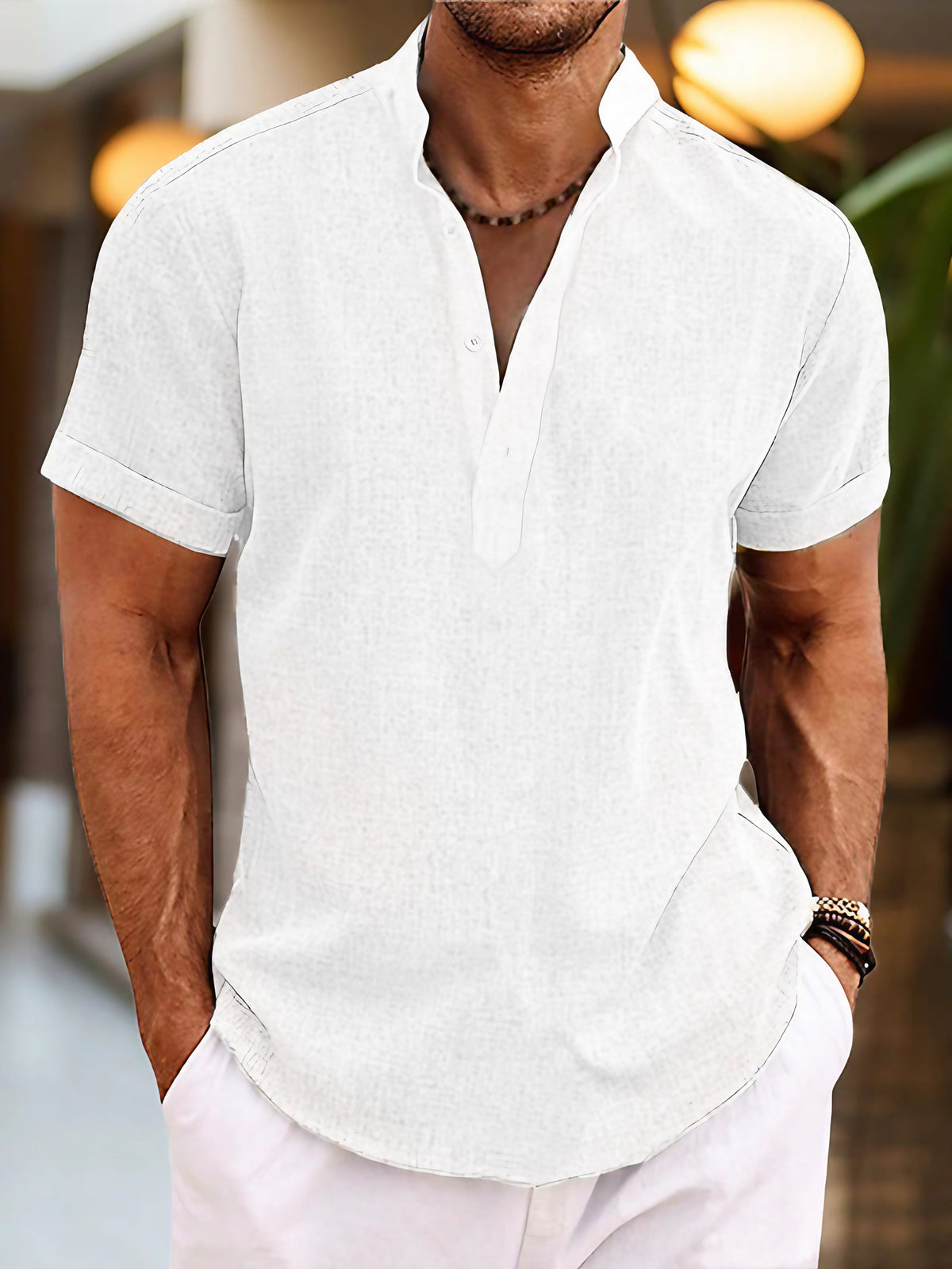 Chemise homme manches courtes, col Henley, coupe droite, blanc