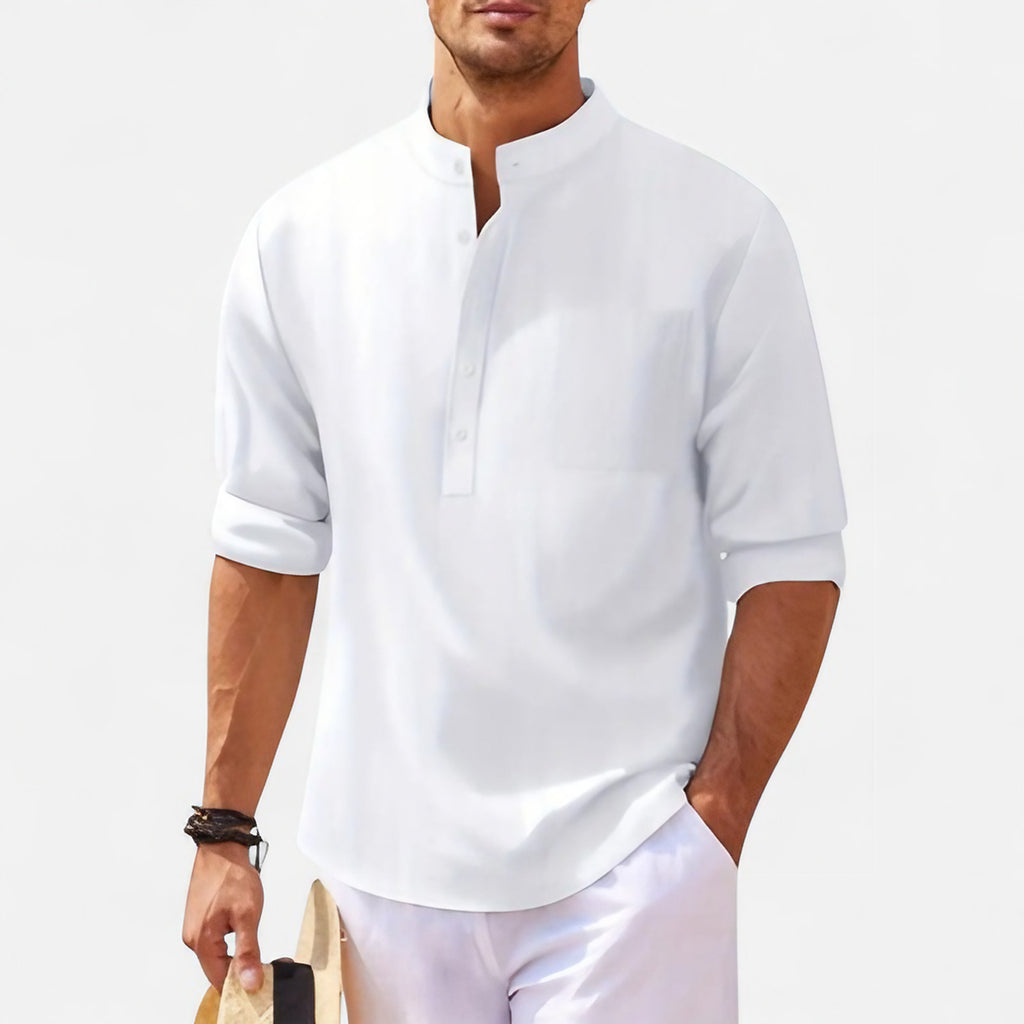Chemise homme col mao, manches retroussables, sept coloris, blanc