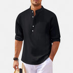 Chemise homme col mao, manches retroussables, sept coloris, noir