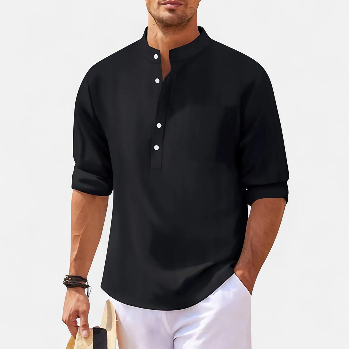 Chemise homme col mao, manches retroussables, sept coloris, noir