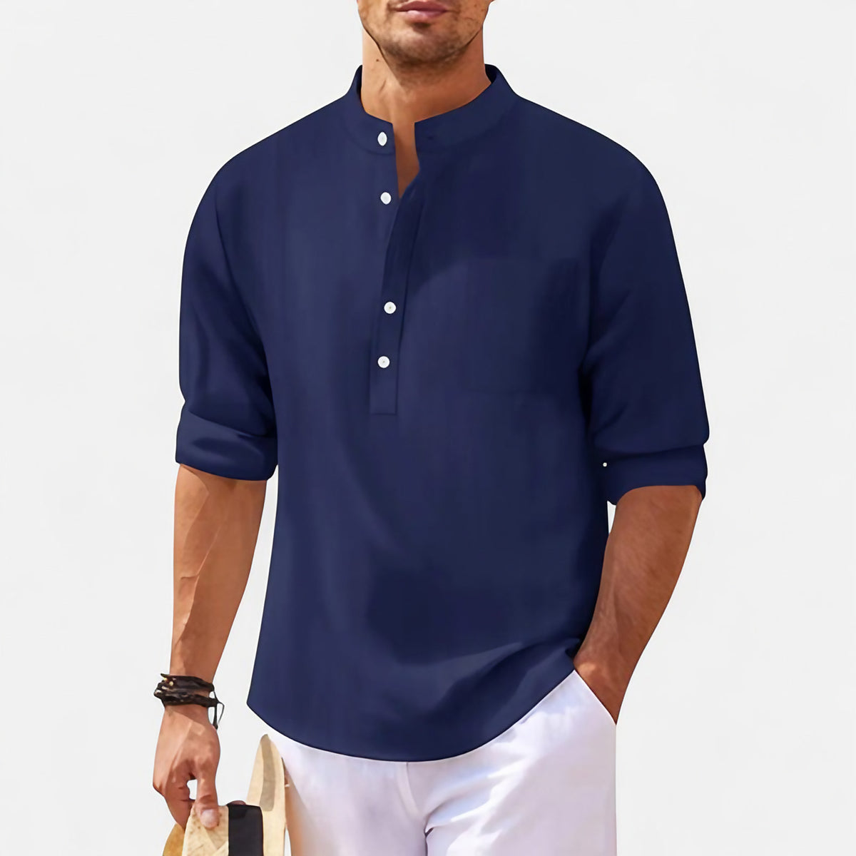Chemise homme col mao, manches retroussables, sept coloris, bleu marine