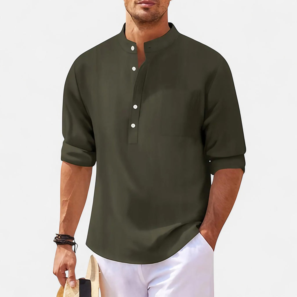 Chemise homme col mao, manches retroussables, sept coloris, vert