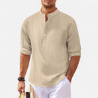Chemise homme col mao, manches retroussables, sept coloris, kaki