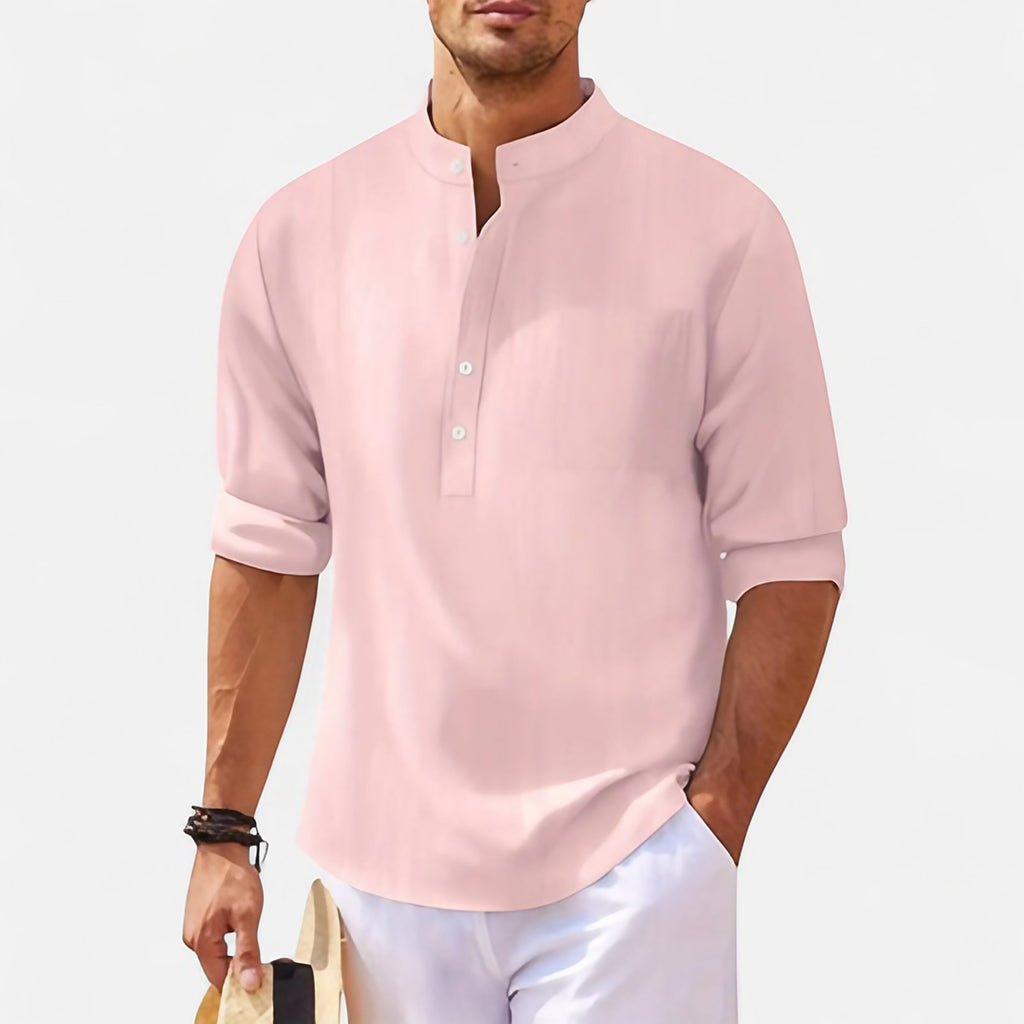 Chemise homme col mao, manches retroussables, sept coloris, rose