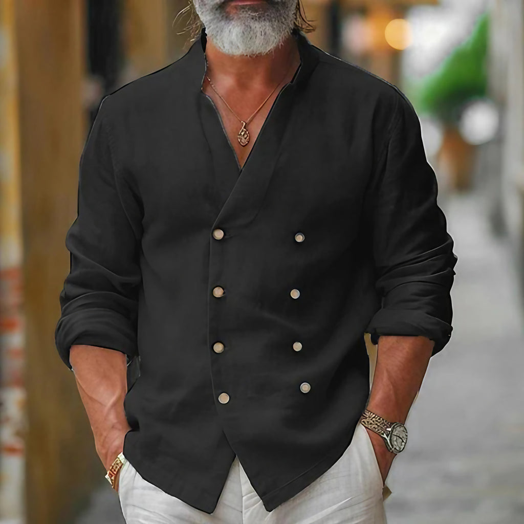 Chemise homme col V à effet drapé croisé, trois coloris, noir