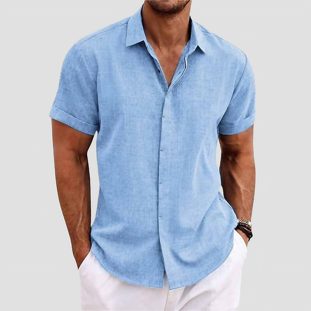 Chemise homme manches courtes, coupe droite, huit coloris, bleu clair