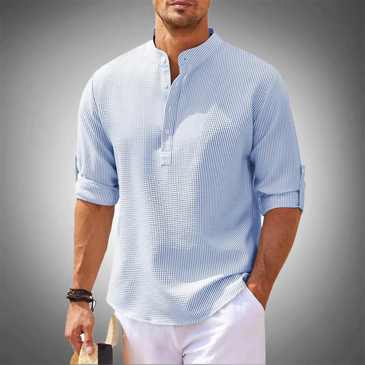 Chemise homme à col montant, manches courtes, du S au 5XL, bleu