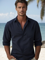Chemise homme à col ouvert, coupe fluide, huit coloris, du S au 5XL, bleu foncé