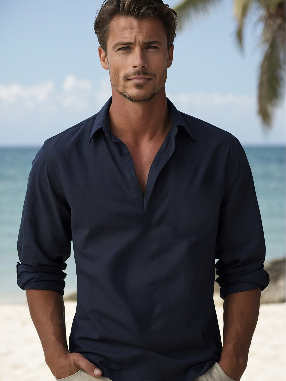 Chemise homme à col ouvert, coupe fluide, huit coloris, du S au 5XL, bleu foncé