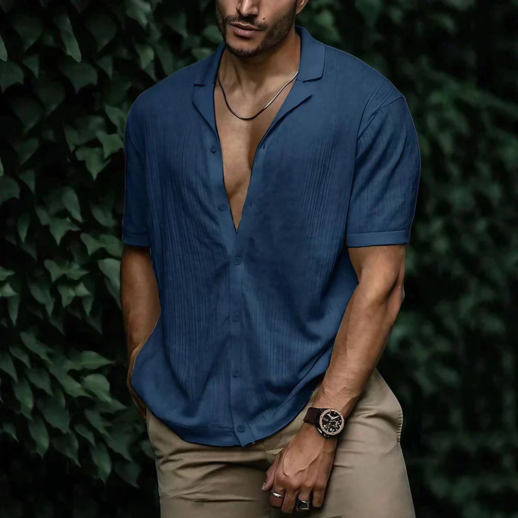 Chemise homme d'été à manches courtes, coupe ample, bleu marine