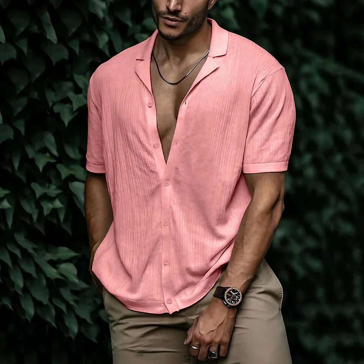 Chemise homme d'été à manches courtes, coupe ample, rose