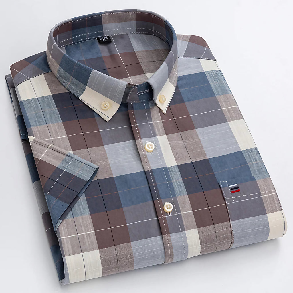 Chemise homme à manches courtes, carreaux et rayures, du 38 au 47, marron et gris