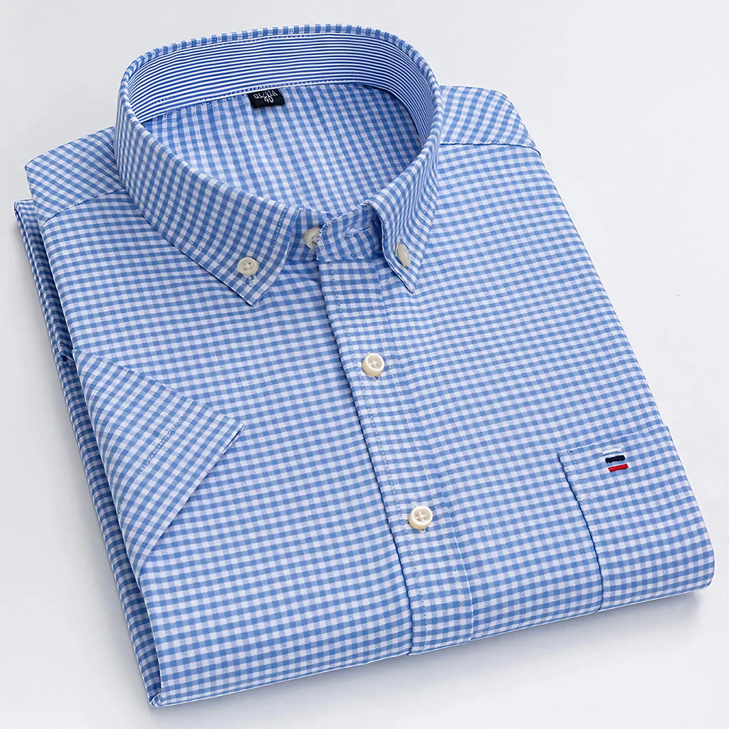 Chemise homme à manches courtes, carreaux et rayures, du 38 au 47, carreaux bleus