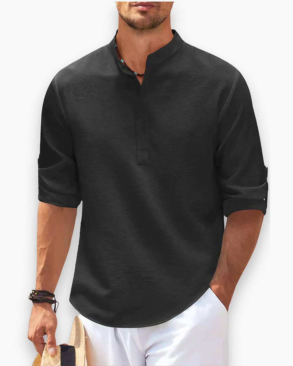 Chemise homme col mao, lavable en machine, du XS au 4XL, noir