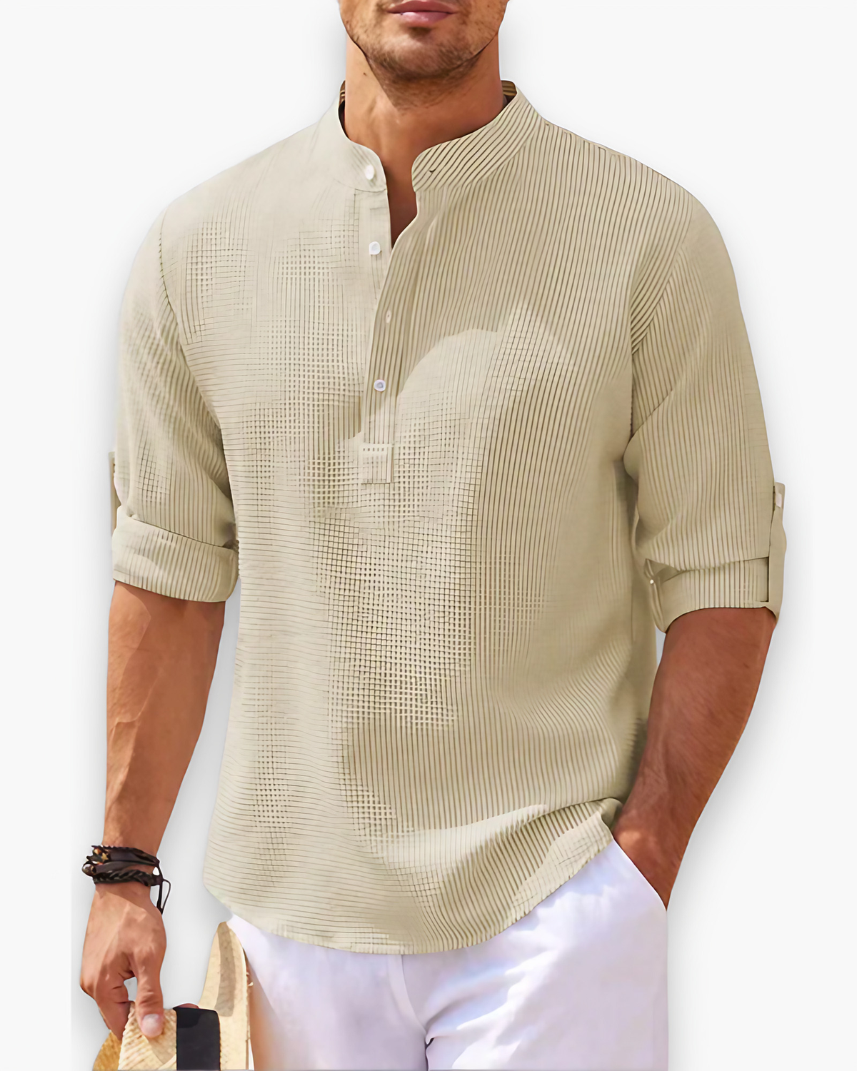 Chemise homme col mao, lavable en machine, du XS au 4XL, beige