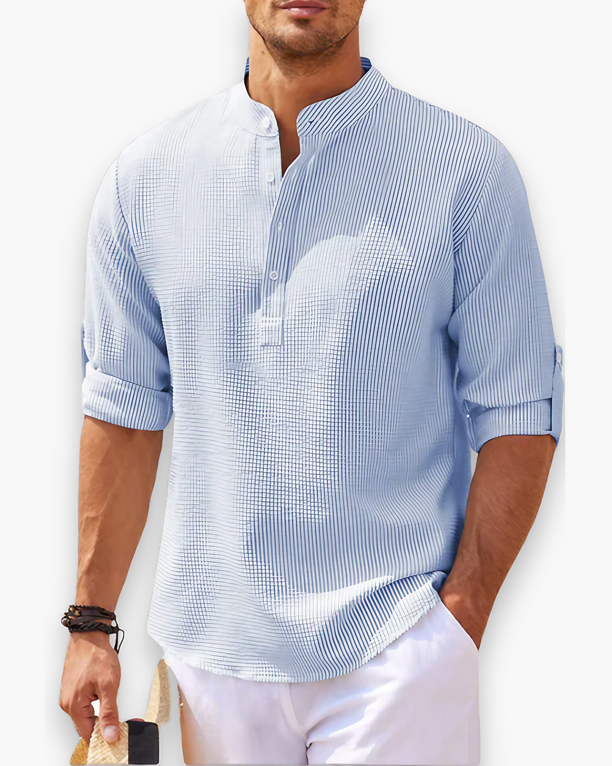 Chemise homme col mao, lavable en machine, du XS au 4XL, bleu clair