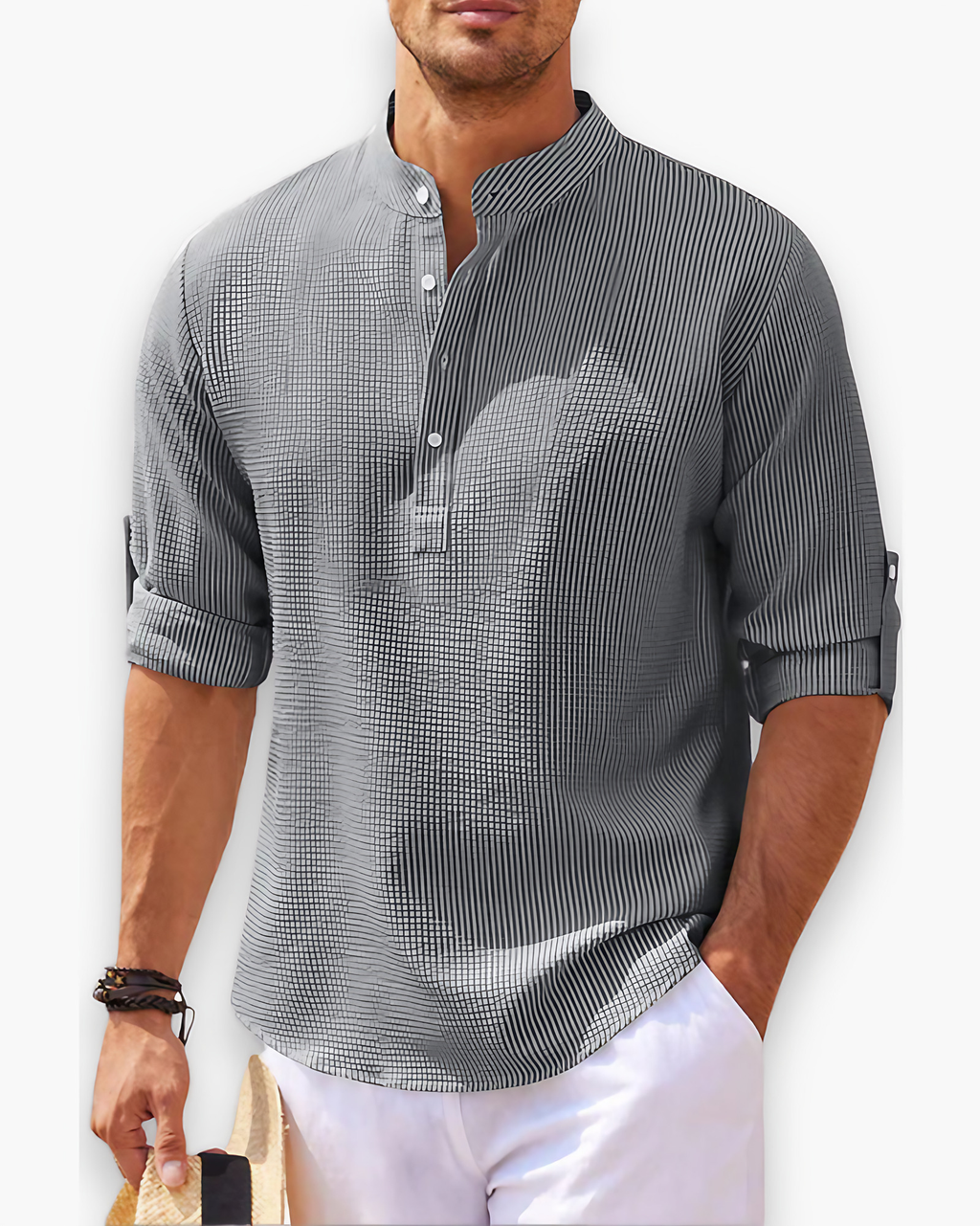 Chemise homme col mao, lavable en machine, du XS au 4XL, gris