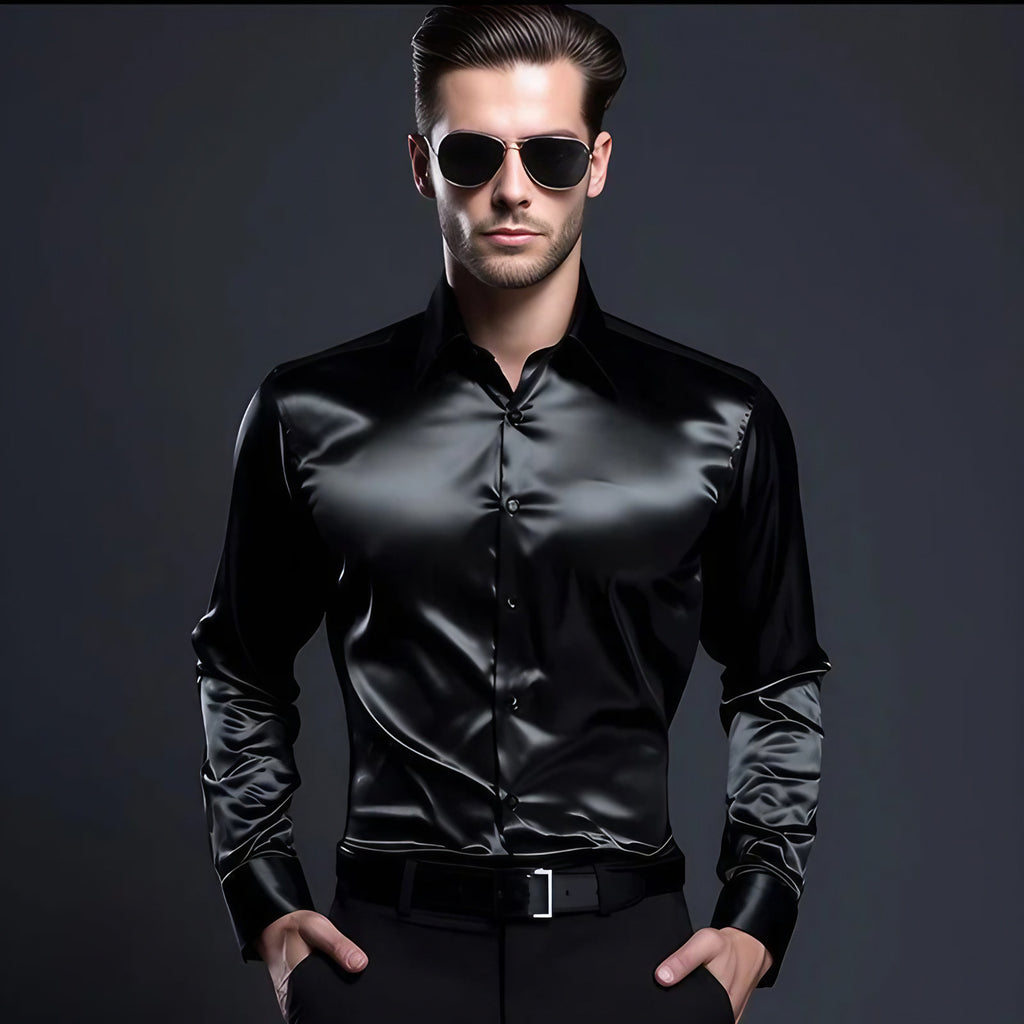 Chemise homme en satin, finition brillante, huit coloris, noir