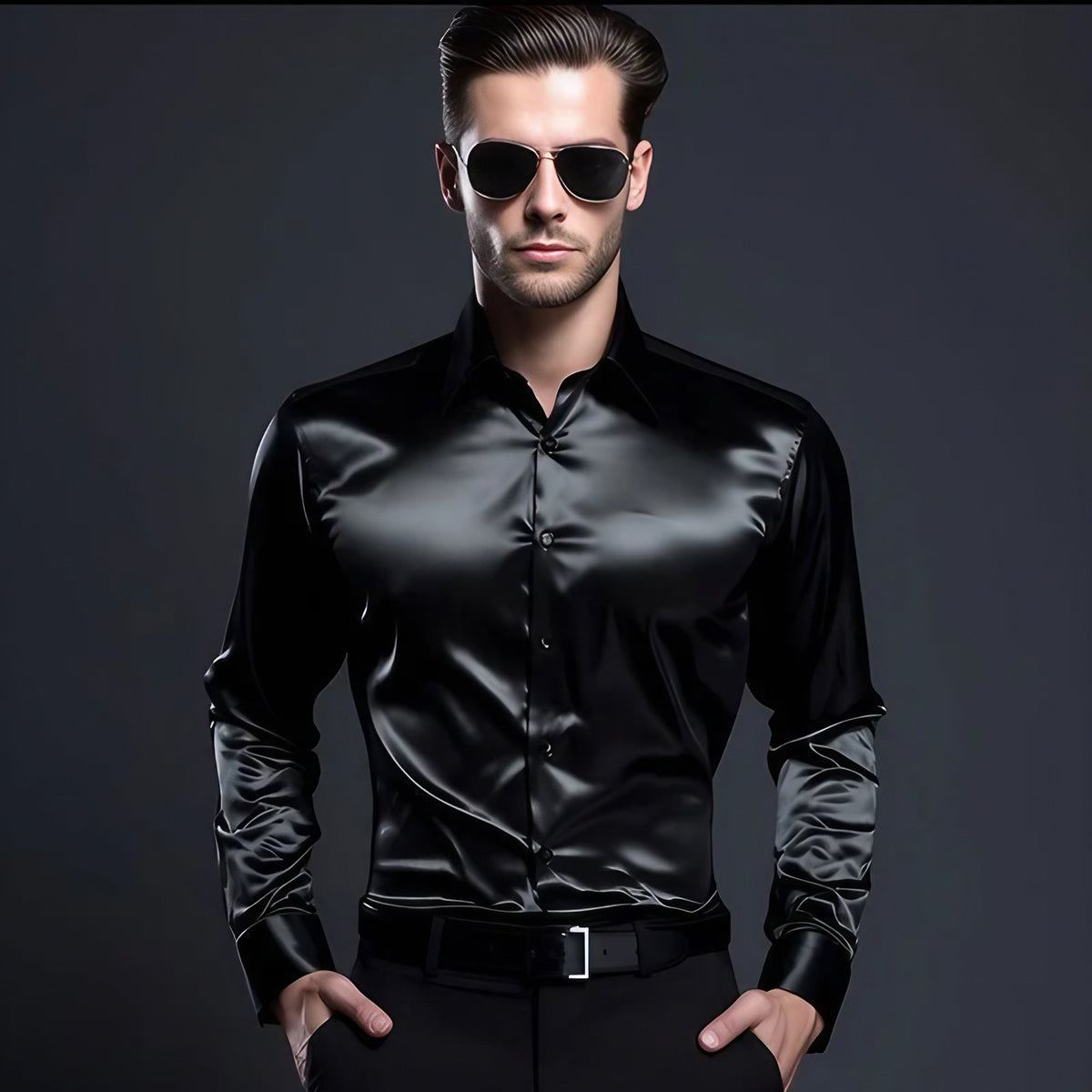 Chemise homme en satin, finition brillante, huit coloris, noir