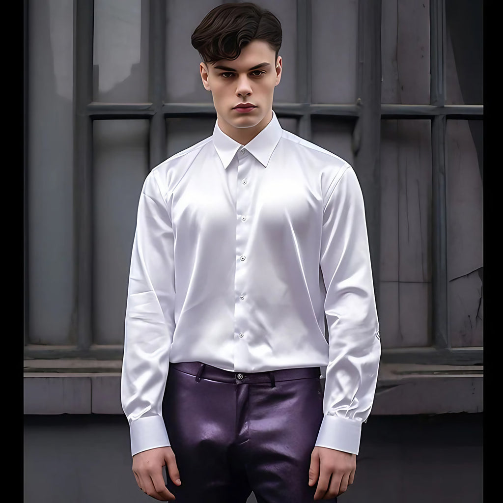 Chemise homme en satin, finition brillante, huit coloris, blanc