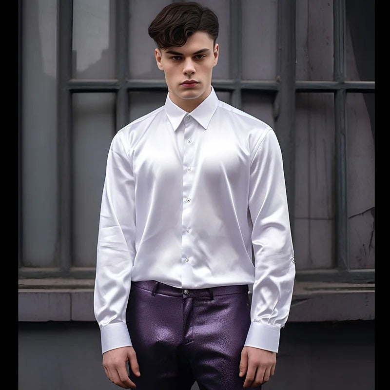 Chemise homme en satin, finition brillante, huit coloris, blanc