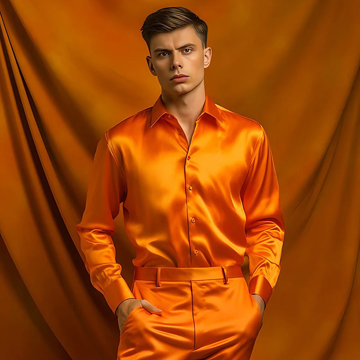 Chemise homme en satin, finition brillante, huit coloris, orange