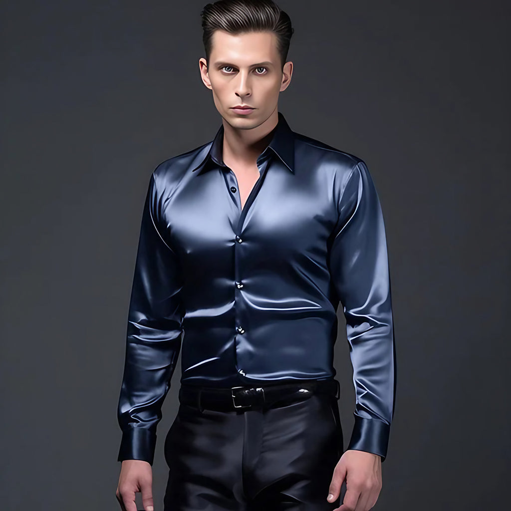 Chemise homme en satin, finition brillante, huit coloris, bleu
