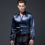 Chemise homme en satin, finition brillante, huit coloris, bleu