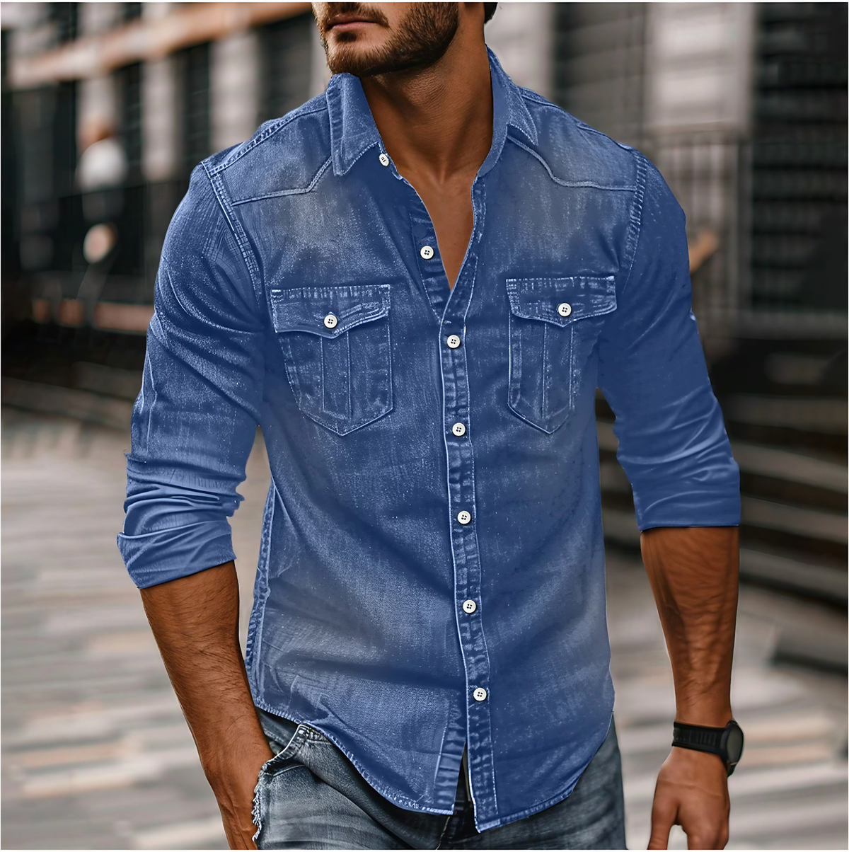 Chemise homme à poches poitrine, col classique, du S au 3XL, bleu denim
