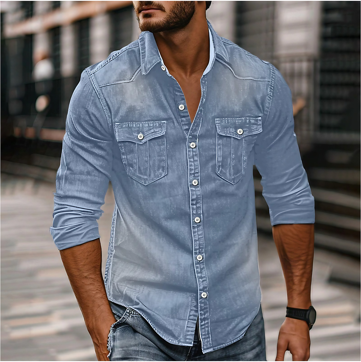 Chemise homme à poches poitrine, col classique, du S au 3XL, bleu