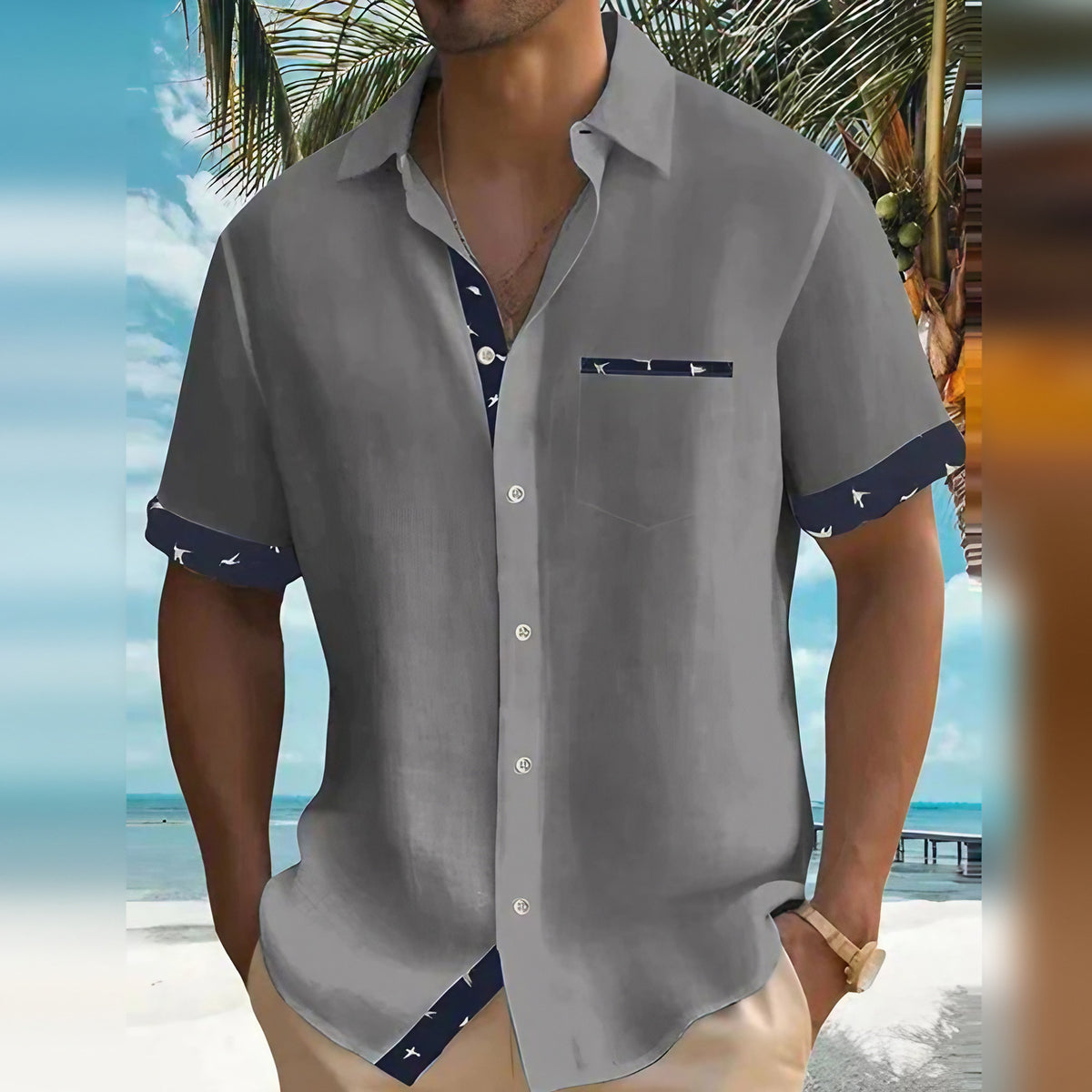 Chemise homme à manches courtes, patte de boutonnage contrastée, gris