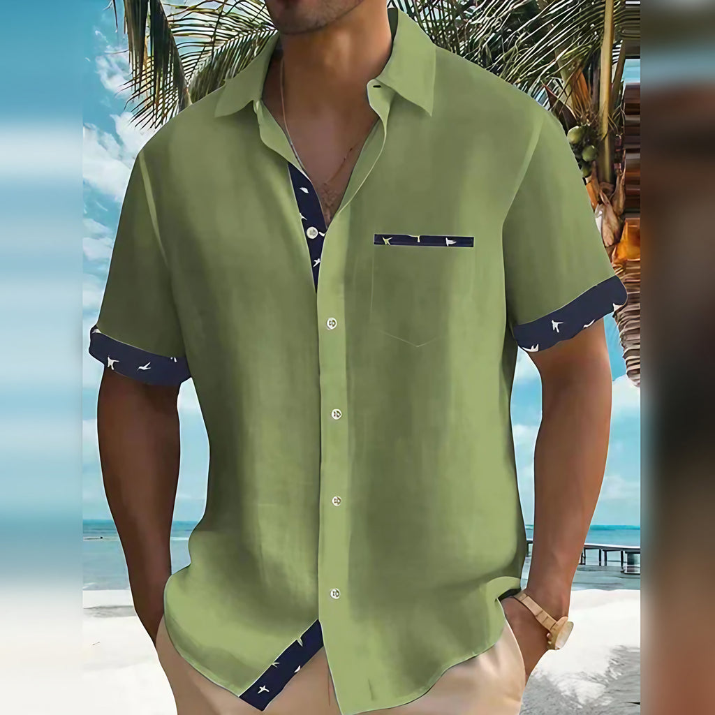 Chemise homme à manches courtes, patte de boutonnage contrastée, vert