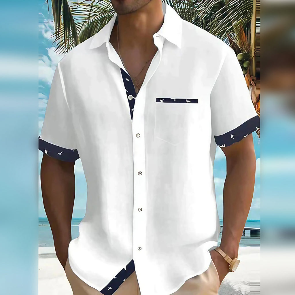 Chemise homme à manches courtes, patte de boutonnage contrastée, blanc