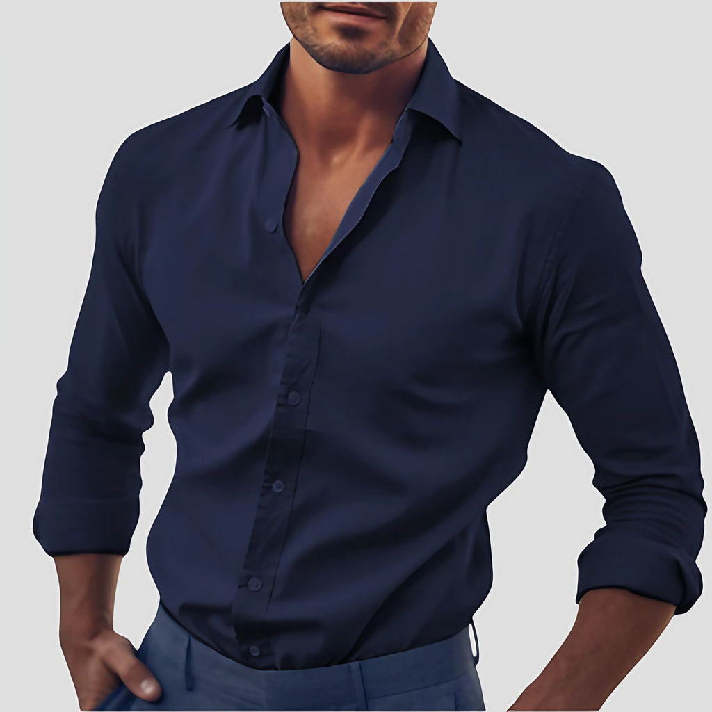 Chemise homme cintrée à col italien, manches longues, S au 5XL, bleu foncé