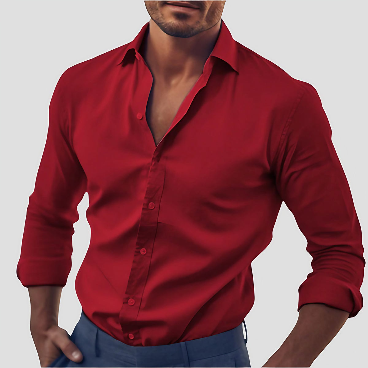 Chemise homme cintrée à col italien, manches longues, S au 5XL, rouge