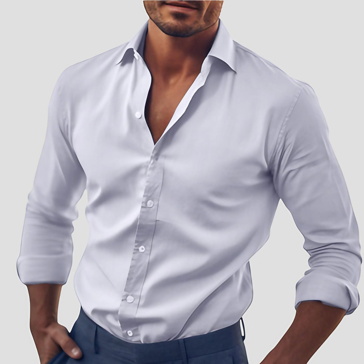 Chemise homme cintrée à col italien, manches longues, S au 5XL, blanc