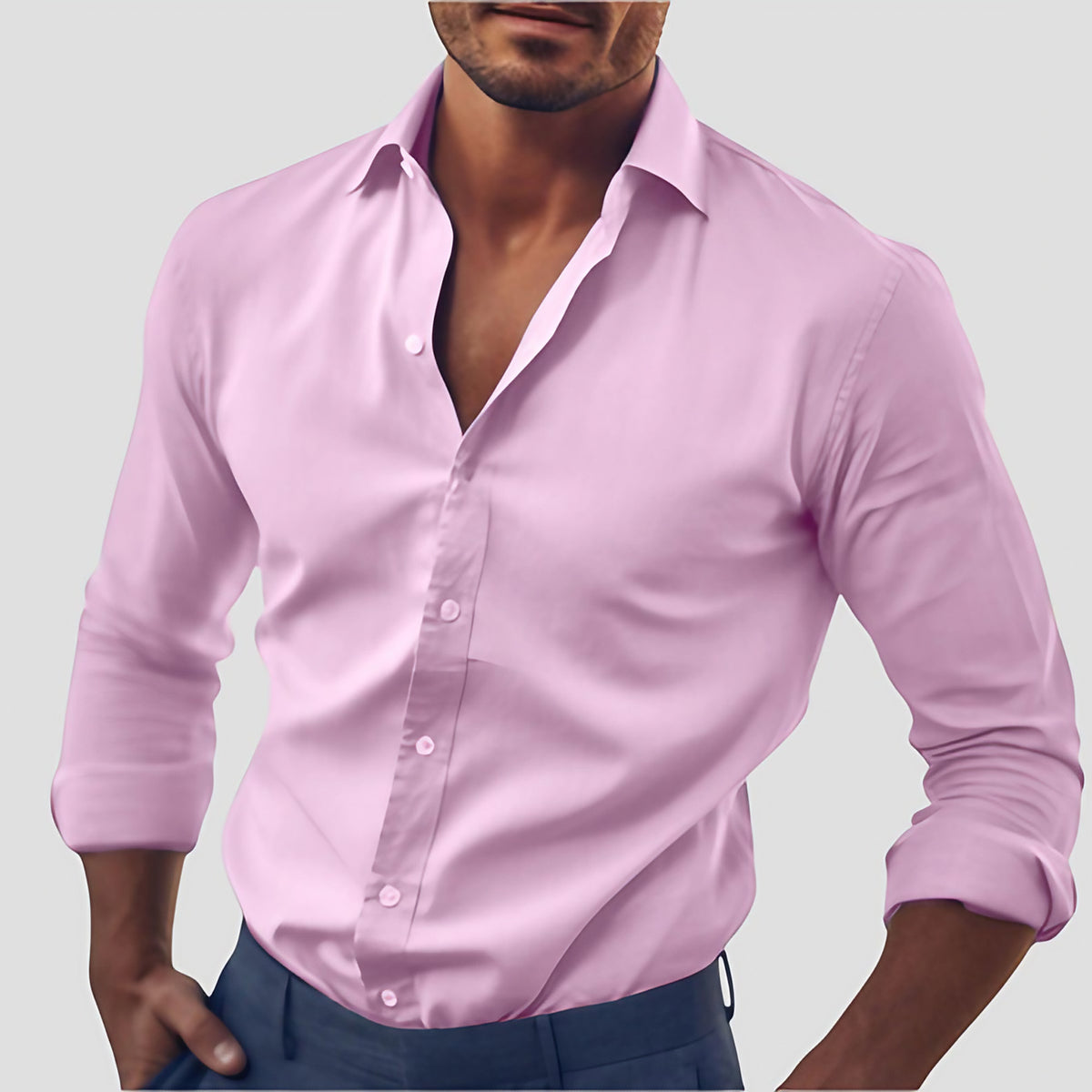 Chemise homme cintrée à col italien, manches longues, S au 5XL, rose