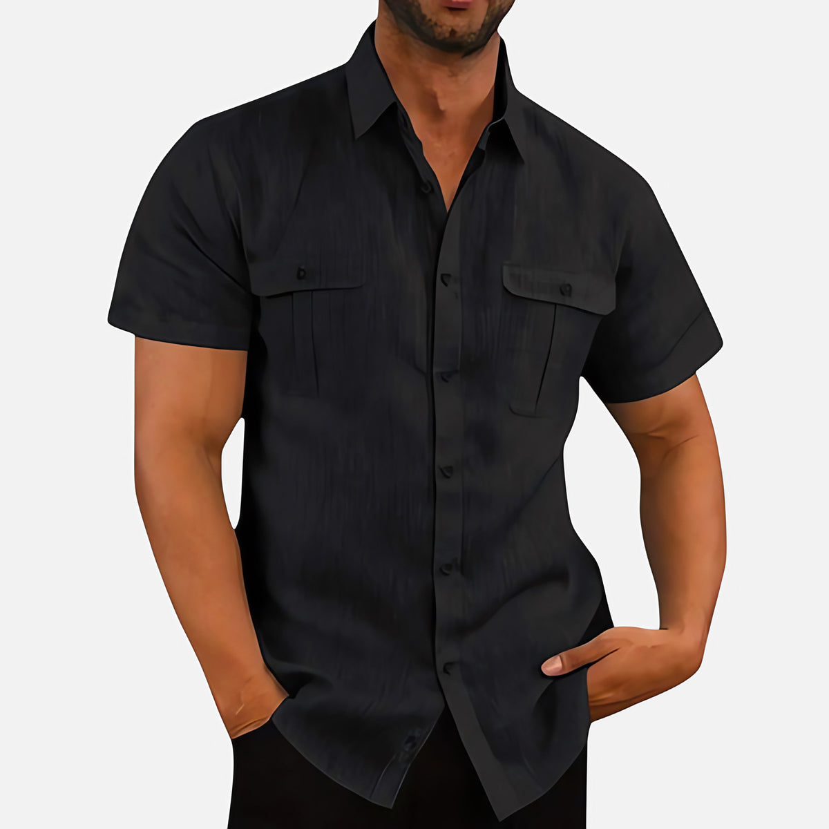 Chemise homme manches courtes, coupe décontractée, six coloris, noir