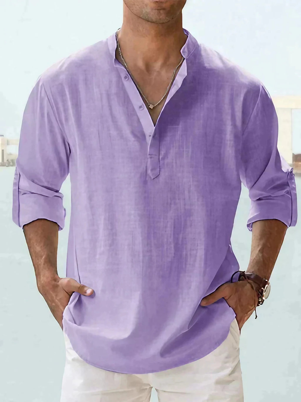 Chemise homme d'été à col ouvert, coupe fluide, du S au 5XL, lila