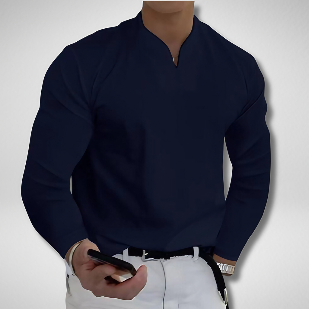 Chemise homme col V à manches longues, douze coloris, bleu foncé