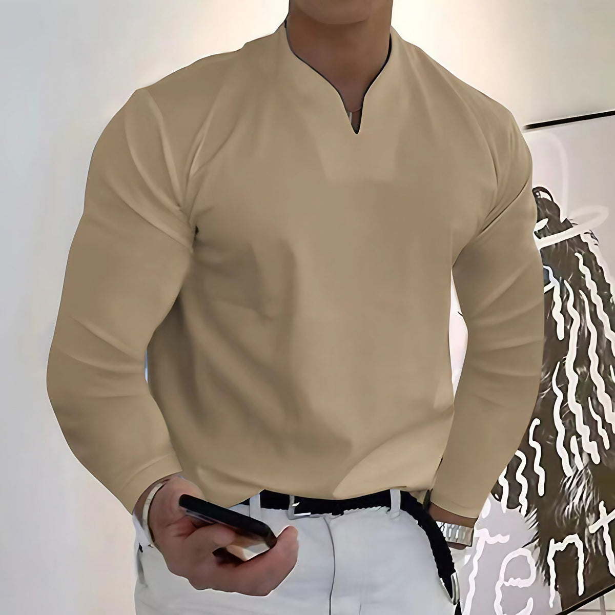 Chemise homme col V à manches longues, douze coloris, beige
