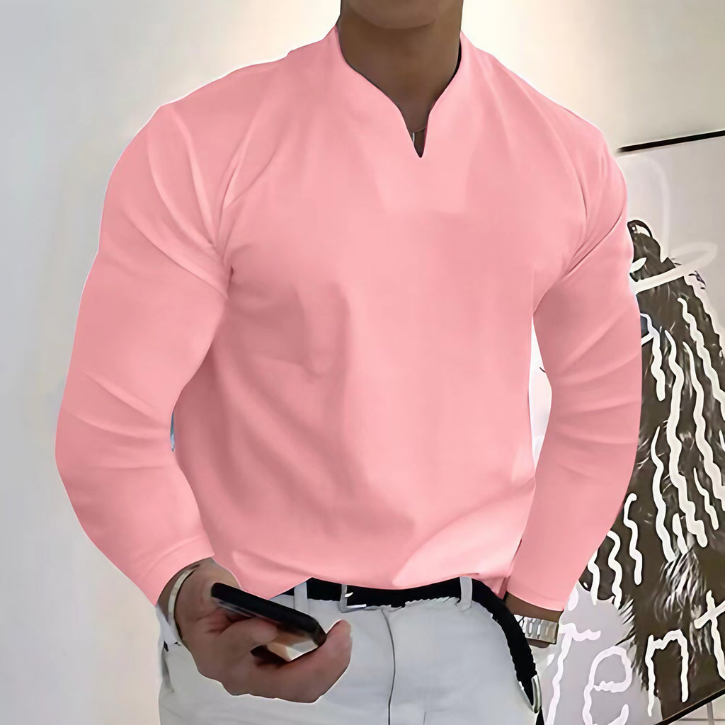 Chemise homme col V à manches longues, douze coloris, rose