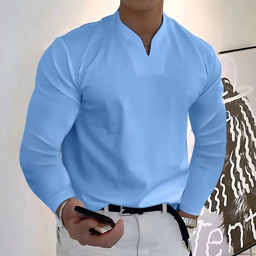 Chemise homme col V à manches longues, douze coloris, bleu clair