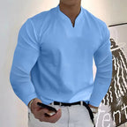 Chemise homme col V à manches longues, douze coloris, bleu clair