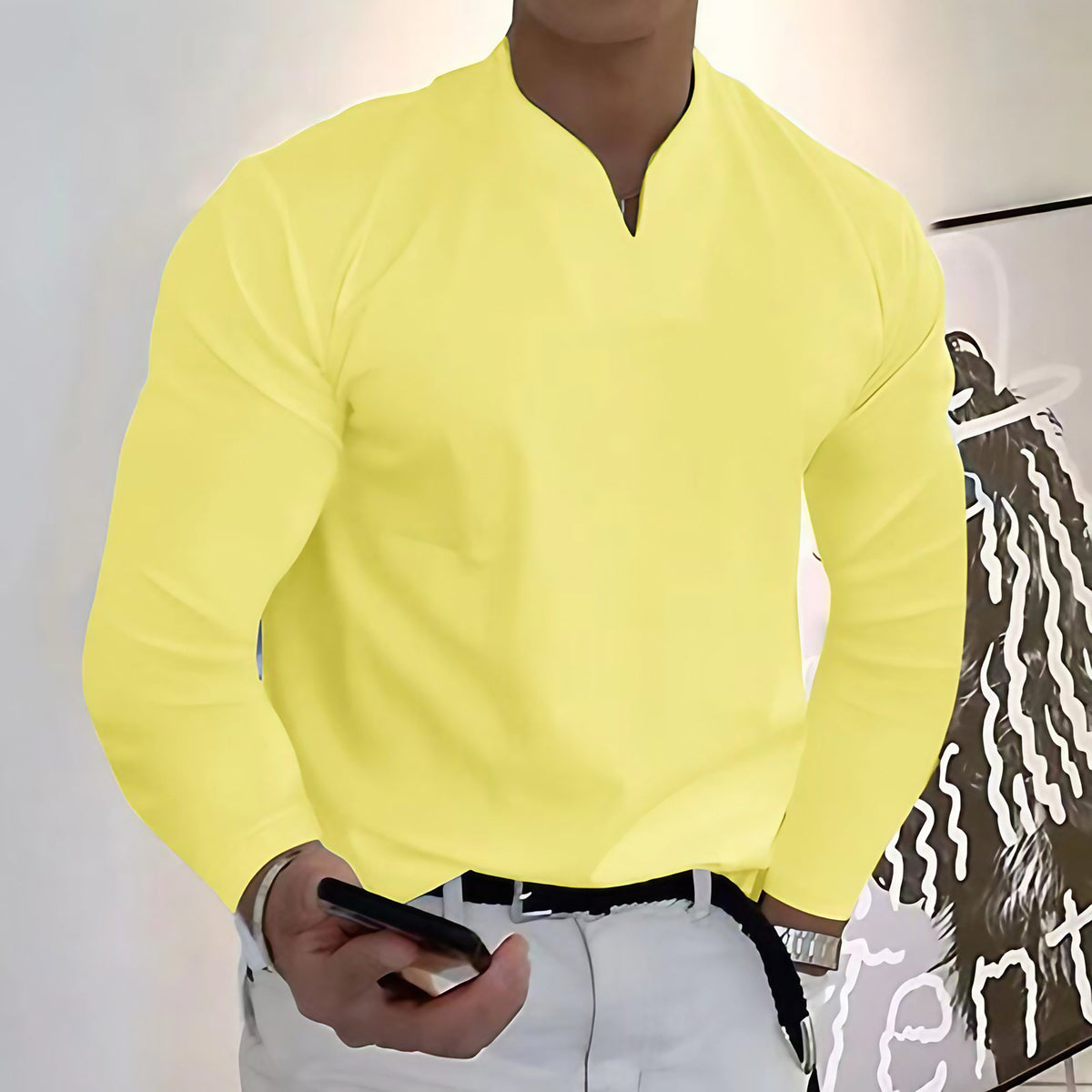 Chemise homme col V à manches longues, douze coloris, jaune
